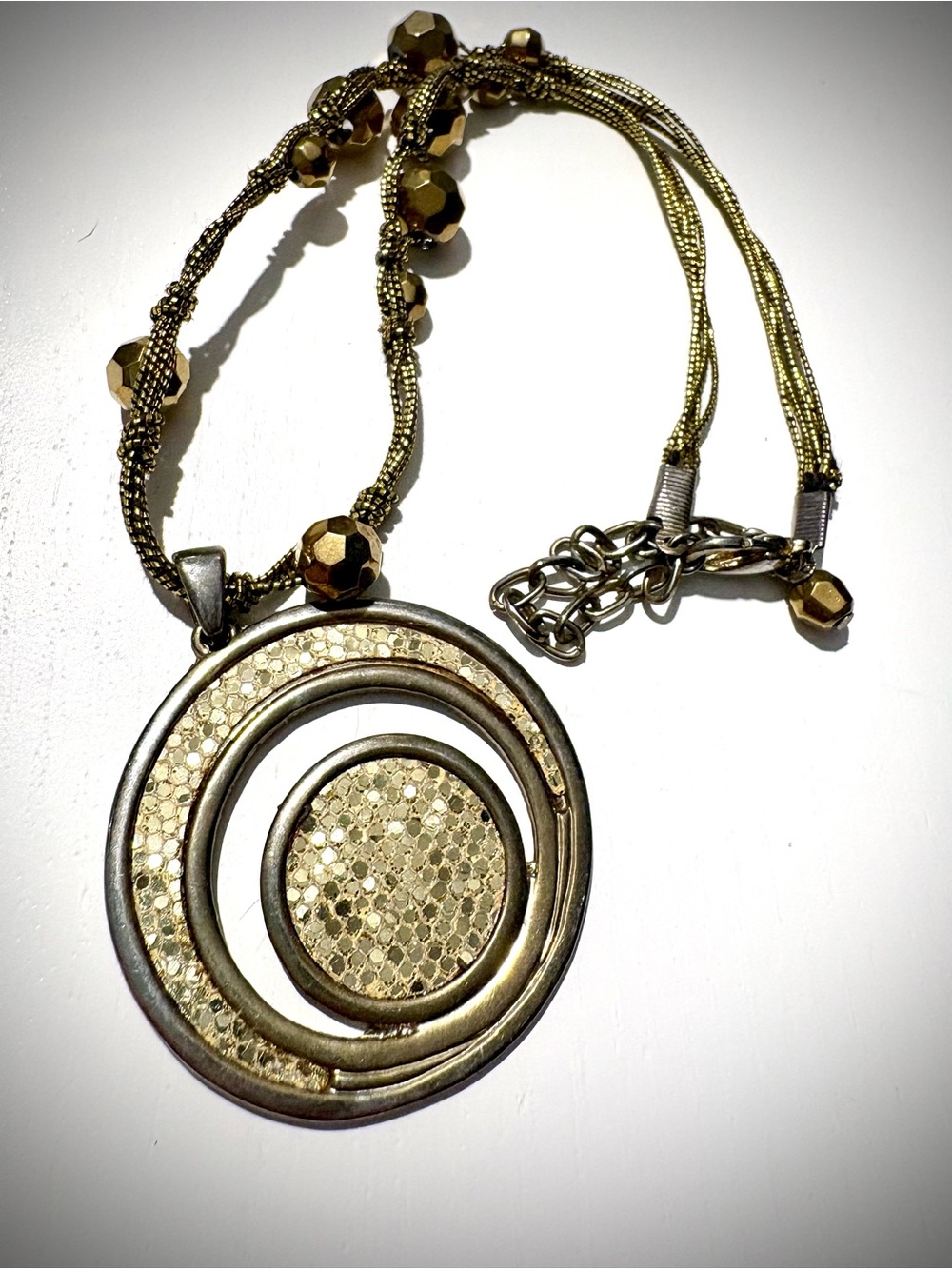 Gold-Tone Textured Circle Pendant Necklace - Vintage 1990s